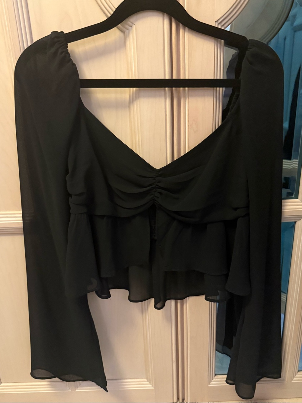 Black Womens Sheer Blouse with Ruching